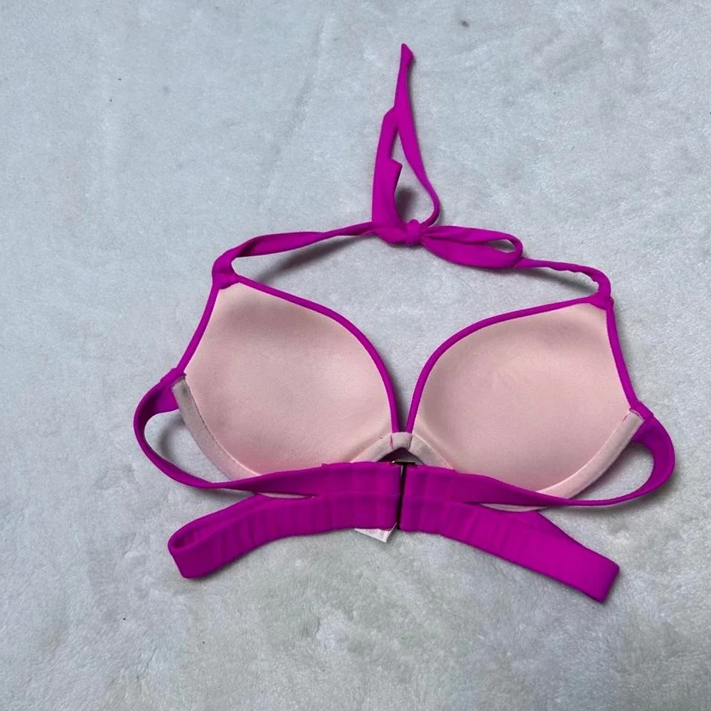 Victorias Secret Bikini Top‎ 34B Hottie Halter Solid Pink Pushup Padded
